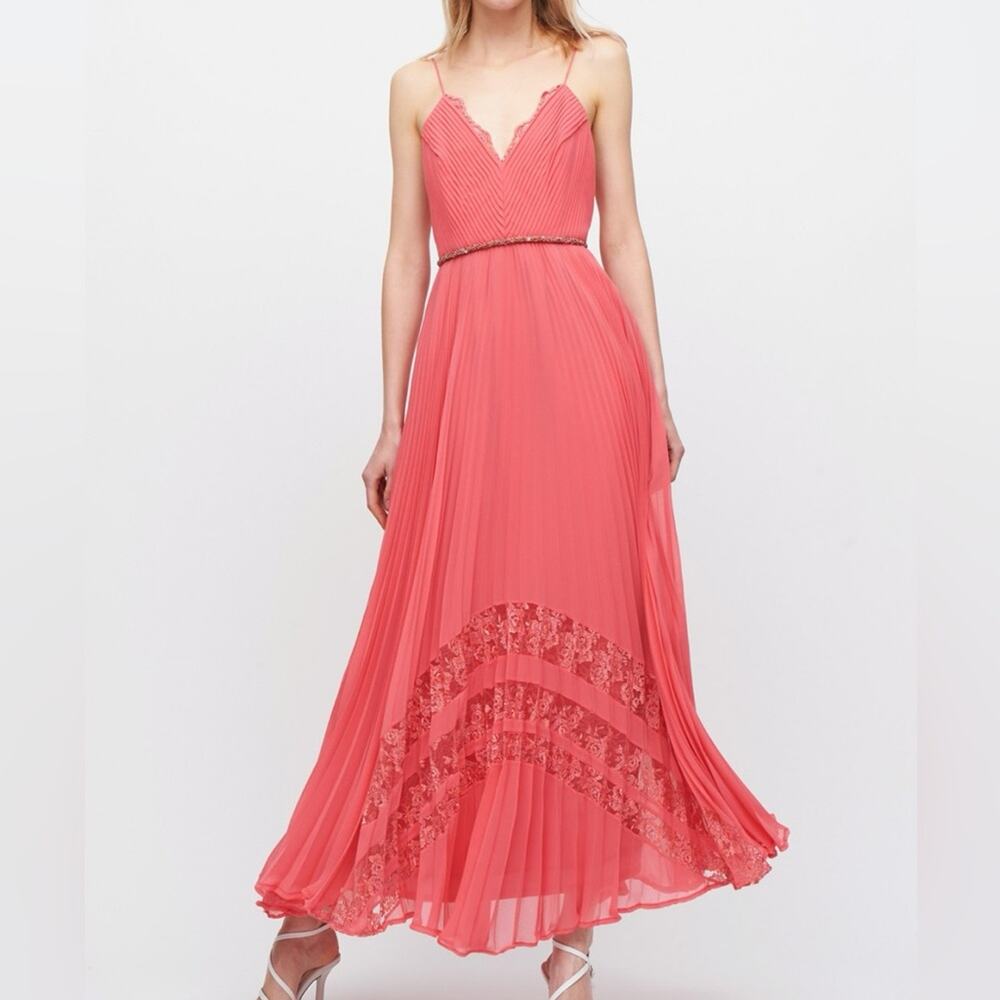 Badgley Mischka Collection Coral Pleated Chiffon Gown Beaded Waist Lace NWT Sz 8